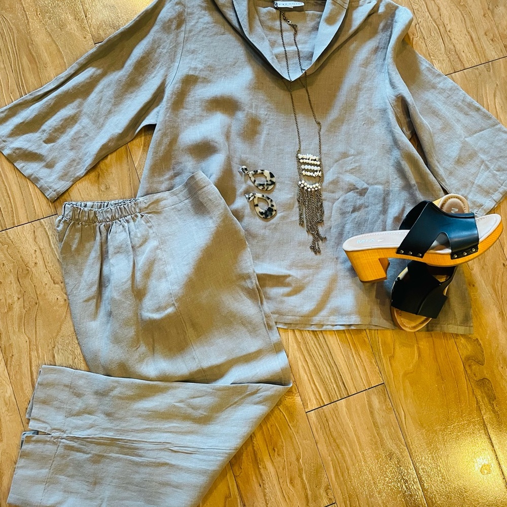 Two-piece linen pantsuit, light olive green, Bryn Walker.